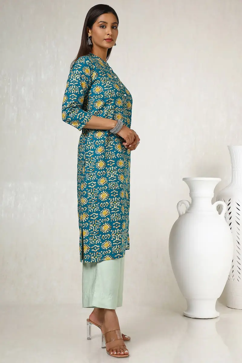 Teal Cotton Blend Abstract Print Kurta