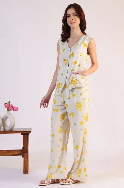 Floral Printed Rayon Top & Parallel Pant Co-Ord Set