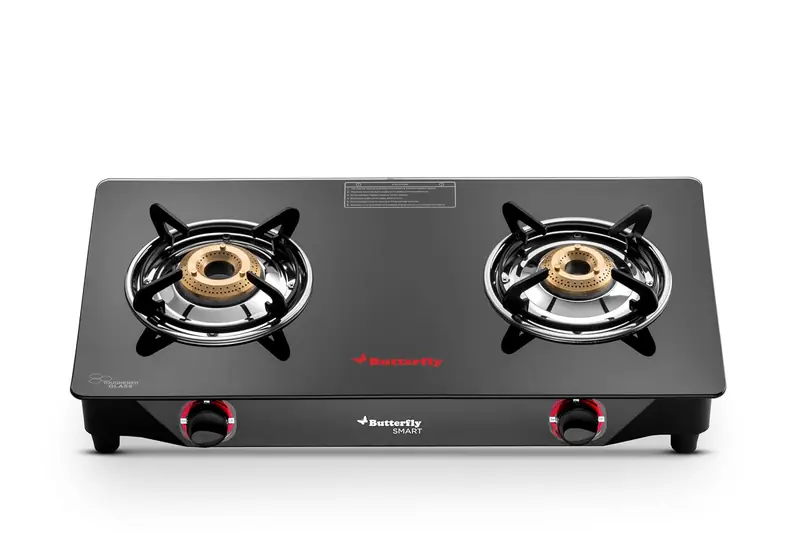 Butterfly Smart 2 Burner Glass Top Gas Stove | Manual Ignition | Scratch Resistant Toughened Glass | Brass Burners | Skid-proof Legs | 1 Year Manufacturer's Warranty | Black