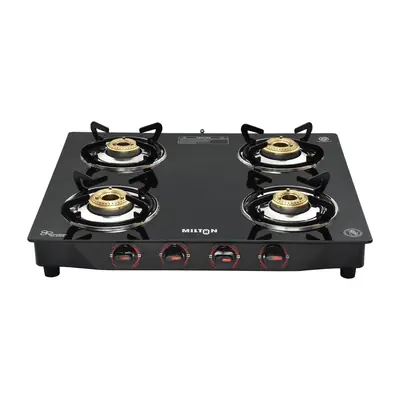 MILTON Premium 4 Burner Black Manual Ignition Glass Top Gas Stove, (ISI Certified)