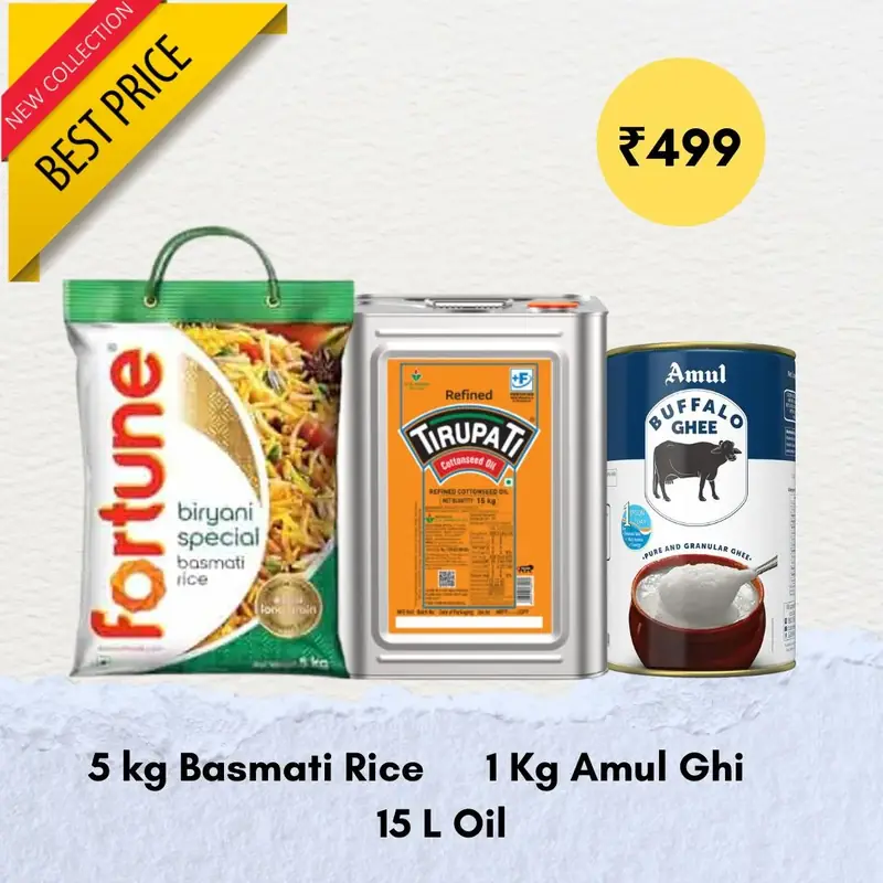5Kg Fortune Biryani Special Basmati Rice, 15L Cottonseed Oil, 1Kg Buffalo Ghee : Combo Deal