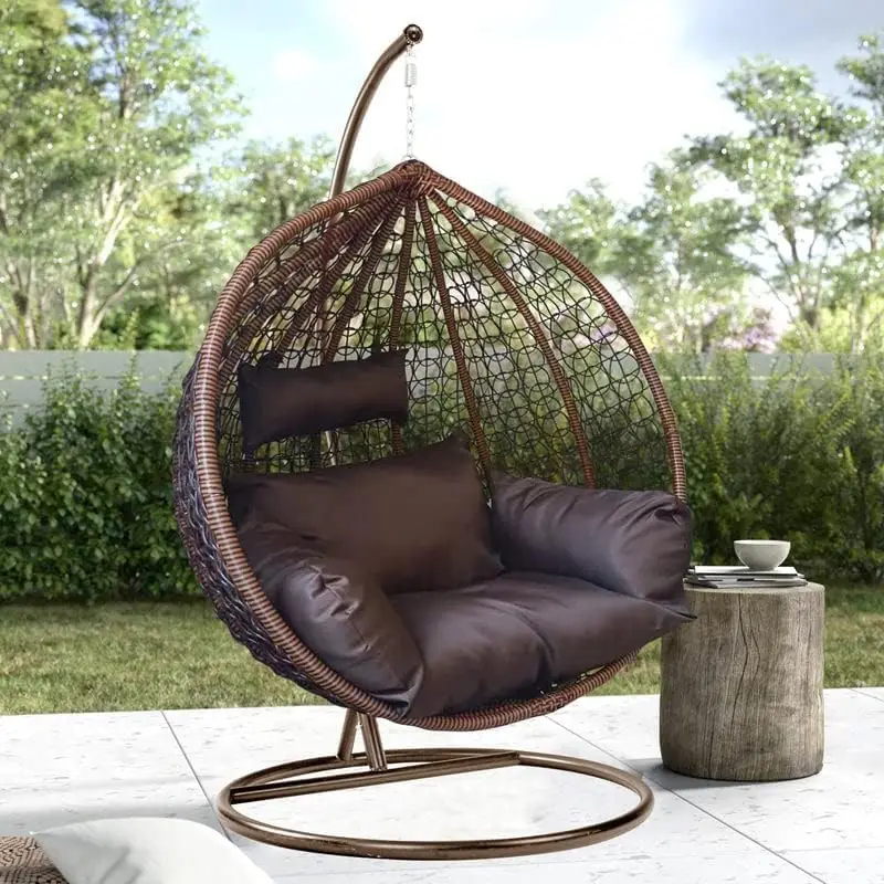 Single Seater Swing Chair with Stand & Cushion Outdoor Indoor Balcony Garden Patio,Powder Coated Frame,UV Protected Wicker,Premium Cushion, Metal