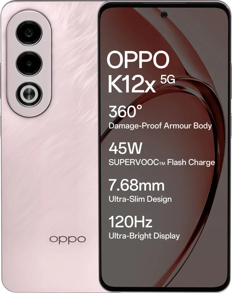Oppo K12x 5G Smartphone (8GB RAM + 256GB Storage) | 16.94cm LCD Display, 5100mAh Battery | 45W SUPERVOOC Flash Charge | 360° Damage-Proof Armour Body | Charger in The Box (Feather Pink)