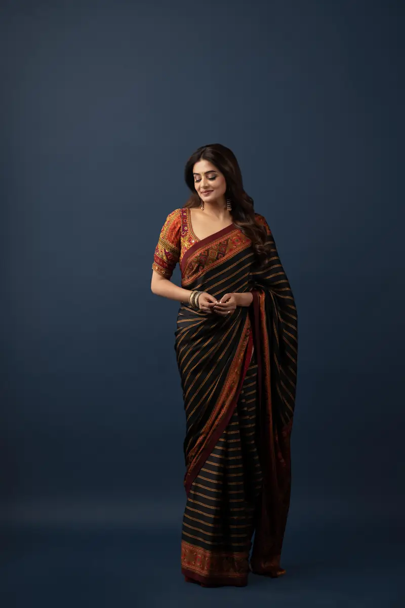 Black Multi Madhuhira Saree With Stitched Blouse