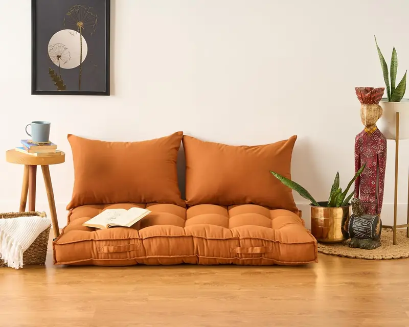 SKANDA FAB Low Seating Cushion -100% Cotton Twill, Hand-Plotted Microfiber Filling, Floor Cushion with 2 Back Support Cushions - Ideal for Living Room, Balcony, Lounge- 80x120 Brown (Pack of 1)