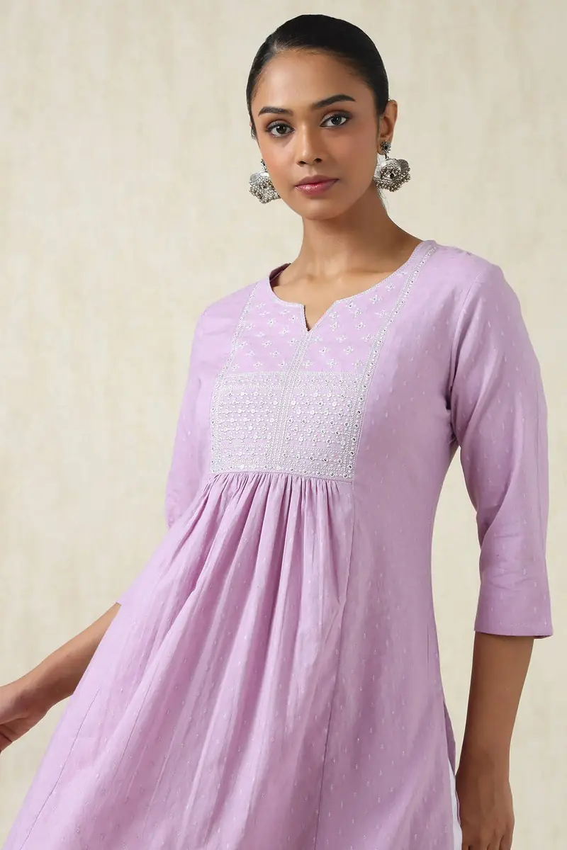 Purple Cotton Dobby Solid Kurta With Sequins