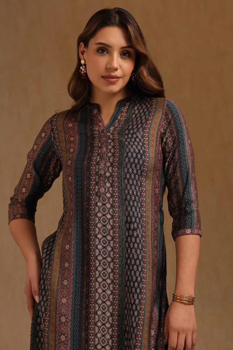 Teal Muslin Ethnic Motifs Kurta