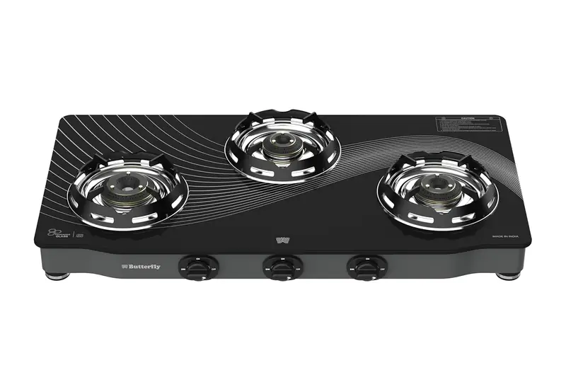 Butterfly Renz 3 Burner 3 Star Glass Top Gas Stove | Fan shield | Leak Proof European Valve | Rust Resistant Frame | Patented Lift Lock | 8mm Tempered Designer Glass | 2 Years Product Warranty
