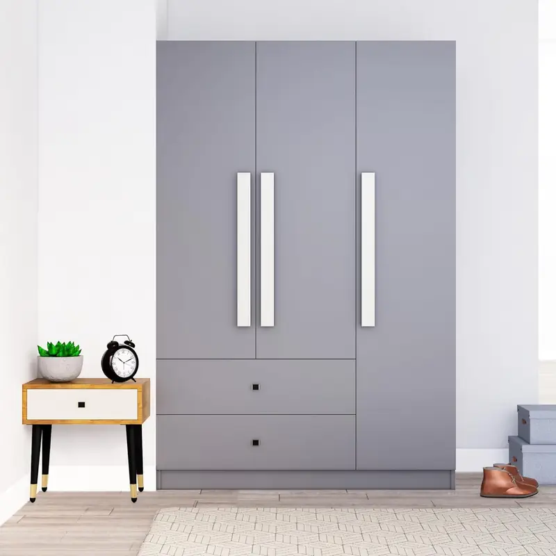 Bniture Wooden Almirah for Clothes, Door for Bedroom, 3 Door Wardrobe with 2 Drawer & Hanging Space (40D x 120W x 180H CM) | 3 Year Warranty (Giant Wood & Slate Grey)