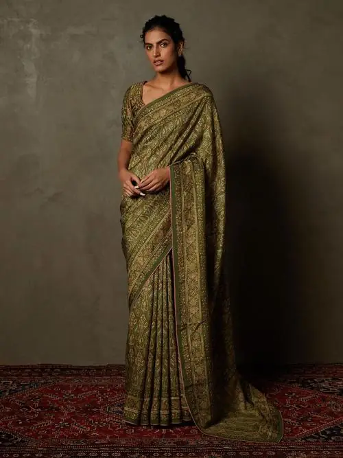 Olive & Beige Shereen Saree With Unstitched Blouse