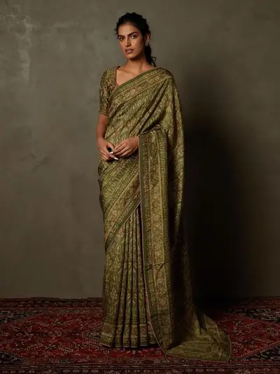 Olive & Beige Shereen Saree With Unstitched Blouse