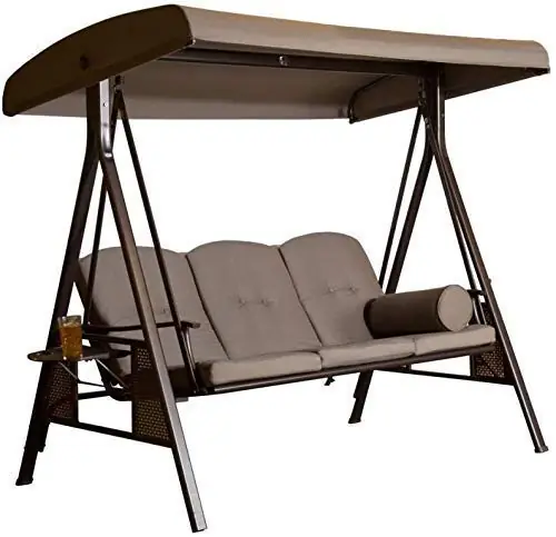 Low Carbon Steel 3 Seater Garden Swing Seat Outdoor Canopy Cushioned Bench- Brown, 127 Centimeters, 188 Centimeters