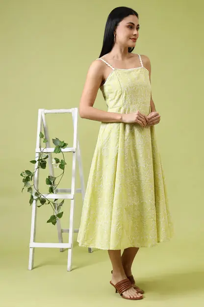 Lime Green Schiffli Embroidered Pure Cotton Flared Spaghetti Dress