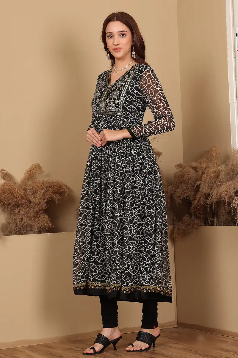 Black Printed Gathered Chiffon Kurta With Embroidery, Churidar And Dupatta Set