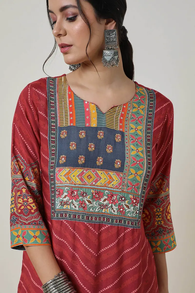 Brick Red Viscose Muslin Bandhani Print Kurta