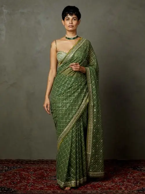 Khaki Rohira Saree With Unstitched Blouse