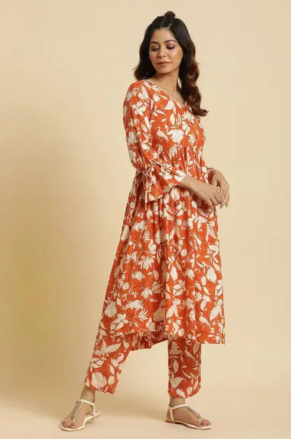 Dark Orange Floral Printed Kurta & Pants Co-Ord Set
